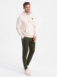 Spodnie męskie dresowe typu jogger - oliwkowe V1 OM-PASK-22FW-004 - XXL. Zielone joggery i bojówki Ombre Clothing, l, bez wzorów, z bawełny, eleganckie. W wyprzedaży za 69.99 zł.