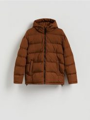 Pikowana kurtka z kapturem - brązowy. Brązowe kurtki Reserved, l, bez wzorów, z tkaniny, z kapturem. Za 299.99 zł.
