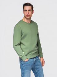 Męska bluza dresowa BASIC z okrągłym dekoltem OM-SSBN-0271 - - Rozmiar: L. Zielone bluzy Ombre Clothing, l, z aplikacjami, z bawełny, bez kaptura. W wyprzedaży za 118.99 zł.
