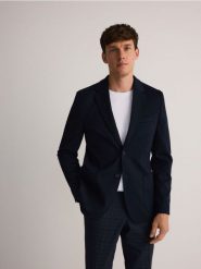 Marynarka slim fit z wiskozą - granatowy. Niebieskie garnitury Reserved, l, bez wzorów, z dzianiny. W wyprzedaży za 129.99 zł.