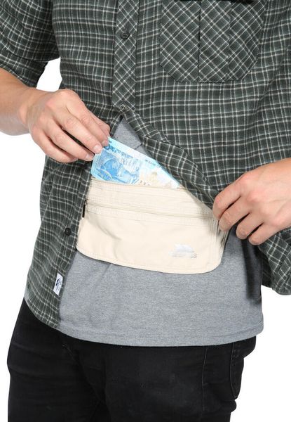 Pasek-portfel na pieniądze, 2 kieszenie na zamek, regulowany pasek. Białe portfele Trespass, bez wzorów, z materiału. Za 169.99 zł.
