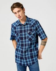 MESKA KOSZULA WRANGLER SS WESTERN SHIRT LATIGO INDIGO 112362899. Niebieskie koszule Wrangler, l, bez wzorów, bez kołnierzyka, bez ramiączek. Za 149.99 zł.