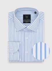 PAKO LORENTE – Bawełniana koszula męska w niebieskie paski. Niebieskie koszule Pako Lorente, m, bez wzorów, z bawełny, bez kołnierzyka, bez ramiączek. Za 249.99 zł.