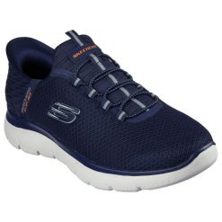 Męskie SUMMITS HIGH RANGE Slip-On Granatowy. Niebieskie buty sportowe casual Skechers, bez wzorów, z materiału, bez zapięcia. Za 329.99 zł.
