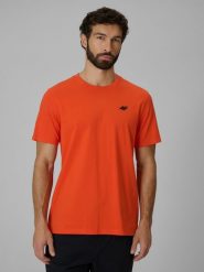 4F T-shirt regular gładki męski - pomarańczowy S. Brązowe t-shirty 4F, m, bez wzorów, z materiału, bez kołnierzyka, bez ramiączek. Za 49.99 zł.