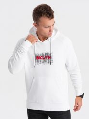 Męska klasyczna bluza kangurka z nadrukiem - biała V1 OM-SSPS-0150 - XXL. Białe bluzy Ombre Clothing, l, bez wzorów, z bawełny, z kapturem. W wyprzedaży za 59.99 zł.
