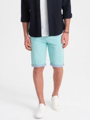 Męskie szorty chinosy z kontrastowym podwinięciem – turkusowe V4 W421 - XXL. Niebieskie szorty Ombre Clothing, m, bez wzorów, z bawełny, biznesowe. W wyprzedaży za 99.99 zł.