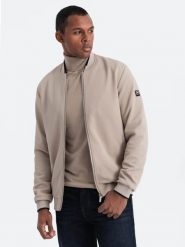 Kurtka męska bomberka ze strukturalnego materiału - beżowa V1 OM-JANP-0142 - L. Brązowe kurtki Ombre Clothing, l, bez wzorów, bez kaptura. W wyprzedaży za 69.99 zł.