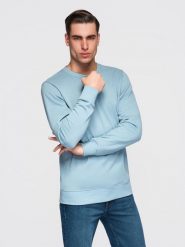 Bluza męska dresowa BASIC z okrągłym dekoltem OM-SSBN-0271 - - Rozmiar: XL. Niebieskie bluzy Ombre Clothing, m, z aplikacjami, z bawełny, bez kaptura. W wyprzedaży za 118.99 zł.