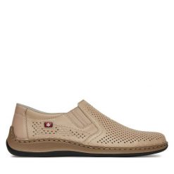 Półbuty Rieker. Brązowe eleganckie półbuty Rieker, bez wzorów, bez obcasa, bez zapięcia. Za 349.99 zł.