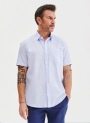 PAKO LORENTE - Lniana niebieska koszula z krótkim rękawem. Niebieskie koszule Pako Lorente, na wiosnę, m, bez wzorów, z bawełny, bez kołnierzyka, bez ramiączek. Za 99.99 zł.