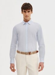 PAKO LORENTE – Błękitna koszula z lnu i bawełny. Niebieskie koszule Pako Lorente, na lato, m, bez wzorów, z bawełny, bez kołnierzyka, bez ramiączek. Za 119.99 zł.