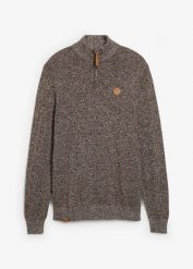 Sweter ze stójką z czystej bawełny. Brązowe swetry nierozpinane bonprix, m, z aplikacjami, z bawełny, bez kołnierzyka, bez ramiączek. Za 114.99 zł.