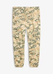 Spodnie bojówki z elastyczną gumką w talii, regular fit, prosta nogawka. Brązowe joggery i bojówki bonprix, m, bez wzorów. Za 54.99 zł.