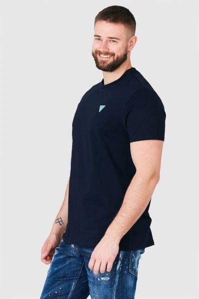 GUESS Granatowy t-shirt męski z turkusowym logo, Rozmiar S. Niebieskie t-shirty Guess, m, z aplikacjami, bez kołnierzyka, bez ramiączek. W wyprzedaży za 77.99 zł.