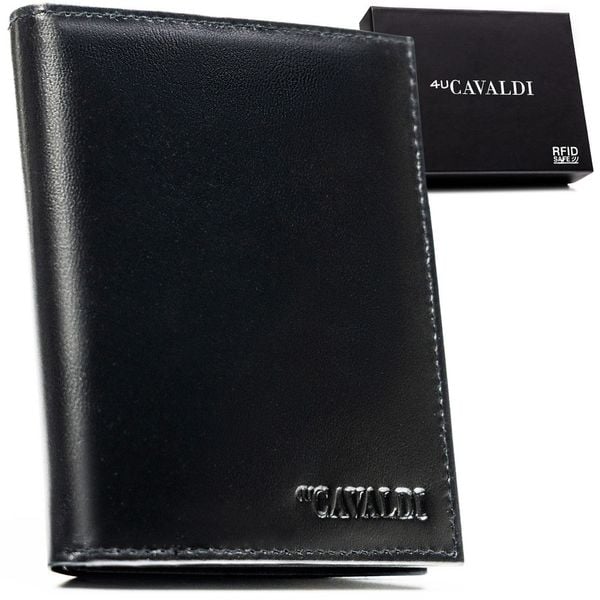 Duży, czarny portfel męski ze skóry naturalnej z systemem RFID bez zapięcia zewnętrznego - 4U Cavaldi. Czarne portfele 4U Cavaldi, bez wzorów, ze skóry. Za 43.99 zł.