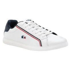 Męskie Skórzane Buty Sportowe Graduate Logo. Białe buty turystyczne LACOSTE, bez wzorów, bez zapięcia. Za 575.99 zł.