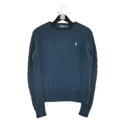 Second life - Męski sweter w granatowym odcieniu z splotem kablowym - Jak nowy. Niebieskie golfy RALPH LAUREN, m, bez wzorów, ze splotem, bez ramiączek. Za 212.96 zł.