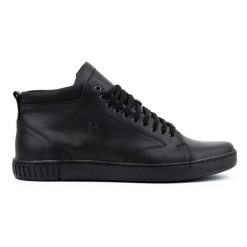 Polbut Buty skórzane męskie sneakersy 2108 czarne lico. Czarne botki sznurowane bez wzorów, ze skóry, za kostkę, bez obcasa, bez zapięcia. Za 367.89 zł.