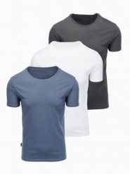 Zestaw bawełnianych koszulek męskich BASIC z okrągłym dekoltem – biały/grafitowy/niebieski denim V8 - Rozmiar: S. Szare t-shirty Ombre Clothing, m, bez wzorów, z bawełny, bez kołnierzyka, bez ramiączek. W wyprzedaży za 97.99 zł.