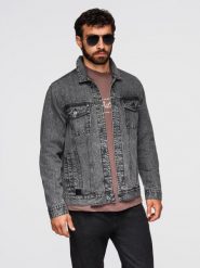 Jeansowa męska kurtka katana z washem – grafitowa V5 - Rozmiar: XXL. Szare kurtki Ombre Clothing, m, bez wzorów, z bawełny, bez kaptura. Za 339.99 zł.