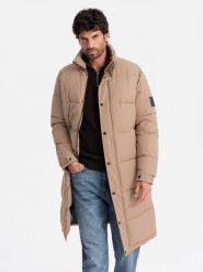 Pikowana długa kurtka męska z odpinanym kapturem – beżowa V2 OM-JALJ-0190 - XXL. Brązowe kurtki Ombre Clothing, l, z aplikacjami, z gumy, z kapturem. W wyprzedaży za 199.99 zł.