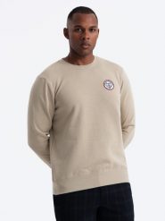 Nierozpinana dresowa bluza męska z naszywką w stylu college – piaskowa V3 OM-SSNZ-0134 - XXL. Bluzy Ombre Clothing, l, z aplikacjami, z bawełny, bez kaptura. W wyprzedaży za 79.99 zł.