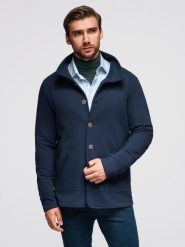 Bluza męska zapinana na guziki ze stójką – granatowa V4 - Rozmiar: XL. Niebieskie bluzy Ombre Clothing, m, bez wzorów, z bawełny, bez kaptura. Za 209.99 zł.
