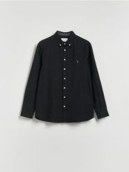 Bawełniana koszula slim fit - czarny. Czarne koszule Reserved, l, bez wzorów, z bawełny, bez kołnierzyka, bez ramiączek. Za 129.99 zł.