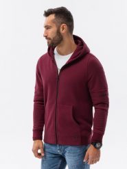Bluza męska rozpinana hoodie z nadrukami - bordowa V5. Czerwone bluzy Ombre Clothing, l, bez wzorów, z bawełny, bez kaptura. W wyprzedaży za 29.99 zł.