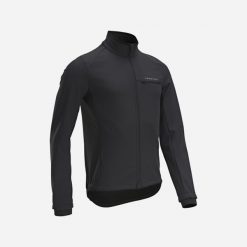 Kurtka zimowa na rower szosowy Triban RC100. Czarne kurtki VAN RYSEL, na zimę, m, bez wzorów, z materiału, bez kaptura. Za 149.99 zł.