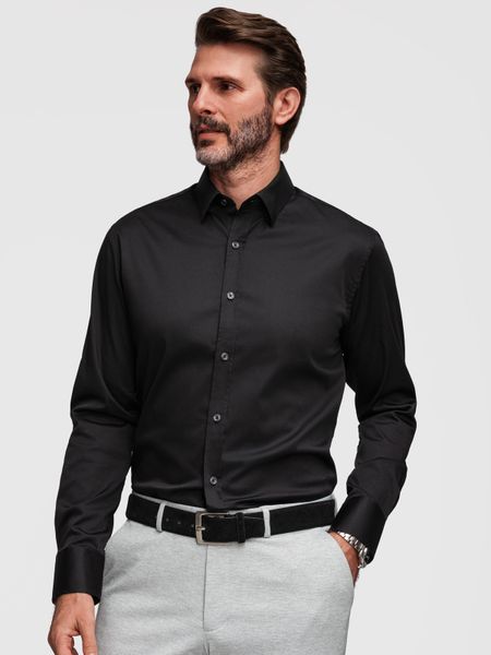 Klasyczna koszula męska SLIM FIT z satynowej tkaniny – czarna V4 - Rozmiar: M. Czarne koszule Ombre Clothing, m, bez wzorów, z bawełny, bez kołnierzyka, bez ramiączek. W wyprzedaży za 202.99 zł.