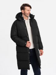 Pikowana długa męska kurtka z odpinanym kapturem – czarna V1 OM-JALJ-0190 - XXL. Czarne kurtki Ombre Clothing, l, z aplikacjami, z gumy, z kapturem. W wyprzedaży za 199.99 zł.