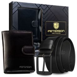 Zestaw prezentowy: pionowy portfel męski w czarnym kolorze i pasek ze skóry naturalnej z klasyczną klamrą - Peterson. Czarne portfele Peterson, bez wzorów, ze skóry. Za 119.99 zł.