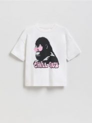 T-shirt z nadrukiem - złamana biel. Bezrękawniki Reserved, bez wzorów, z bawełny, bez kołnierzyka, bez ramiączek. W wyprzedaży za 22.99 zł.