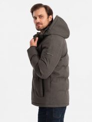 Męska kurtka casualowa puffer z wełną – ciemnooliwkowy melanż V4 OM-JAHP-0203 - XXL. Zielone kurtki Ombre Clothing, l, z aplikacjami, z materiału. Za 402.99 zł.