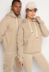 Ciemnobeżowa Bluza z Bawełną Wykończona Kapturem Kangurową Kieszenią i Polarem Padela. Brązowe bluzy Born2be, l, bez wzorów, z bawełny, z kapturem. W wyprzedaży za 76.49 zł.