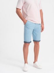 Męskie szorty chinosy z kontrastowym podwinięciem – błękitne V3 W421 - XXL. Niebieskie szorty Ombre Clothing, m, bez wzorów, z bawełny, biznesowe. W wyprzedaży za 99.99 zł.