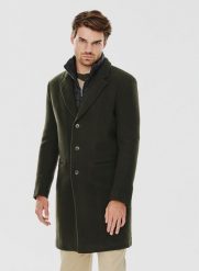 PAKO LORENTE – Wełniany płaszcz męski w kolorze zielonym. Zielone płaszcze Pako Lorente, m, bez wzorów, z poliesteru, bez kaptura. Za 699.99 zł.