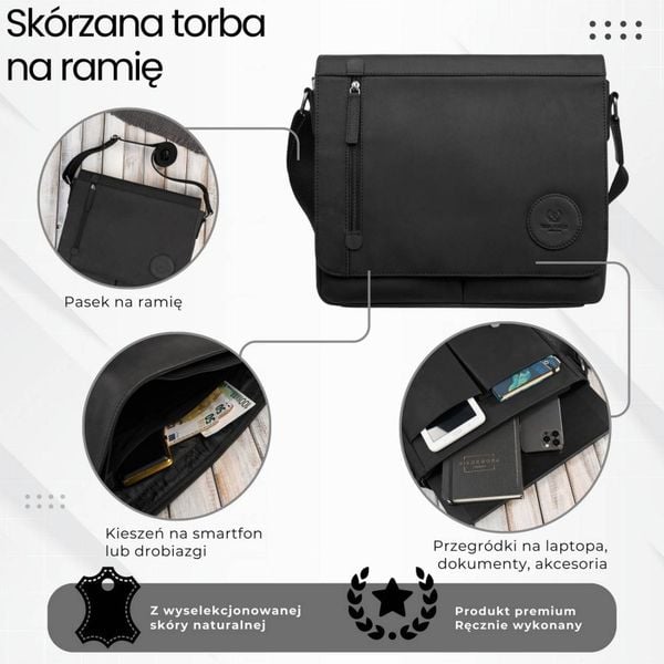 Męska czarna torba na ramie ze skóry naturalnej vintage Paolo Peruzzi T-147-HBL. Czarne torby na ramię bez wzorów, ze skóry, na ramię, bez dodatków. Za 359.00 zł.