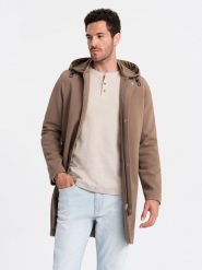 Płaszcz męski z kapturem w delikatny prążek - kawowy V1 OM-COSC-0112 - XXL. Płaszcze Ombre Clothing, l, bez wzorów, z elastanu, eleganckie, z kapturem. Za 287.99 zł.