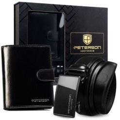 Zestaw prezentowy: portfel męski w czarnym kolorze i pasek ze skóry naturalnej - Peterson. Czarne portfele Peterson, bez wzorów, ze skóry. Za 119.99 zł.