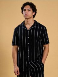 Bawełniana koszula w paski - granatowy. Niebieskie koszule Sinsay, l, bez wzorów, z bawełny, bez kołnierzyka, bez ramiączek. Za 59.99 zł.