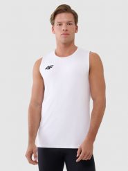 4F Tank top treningowy szybkoschnący męski - biały S. Białe t-shirty 4F, m, bez wzorów, z dzianiny, bez kołnierzyka, bez ramiączek. Za 119.99 zł.