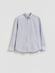 Wzorzysta koszula slim fit - niebieski. Niebieskie koszule Reserved, l, bez wzorów, z bawełny, bez kołnierzyka, bez ramiączek. Za 129.99 zł.