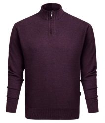 Wełniany Sweter z Wysokim Dekoltem na Zamek - Pako Jeans - Śliwkowy. Czerwone swetry rozpinane Pako Jeans, l, bez wzorów, z jeansu, bez kołnierzyka, bez ramiączek. Za 219.00 zł.