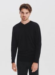PAKO LORENTE - Czarny sweter męski v-neck. Czarne swetry nierozpinane Pako Lorente, na jesień, l, bez wzorów, z bawełny, bez kołnierzyka, bez ramiączek. Za 139.99 zł.