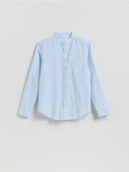 Koszula slim fit z lnem - jasnoniebieski. Niebieskie koszule Reserved, l, bez wzorów, z bawełny, bez kołnierzyka, bez ramiączek. Za 119.99 zł.