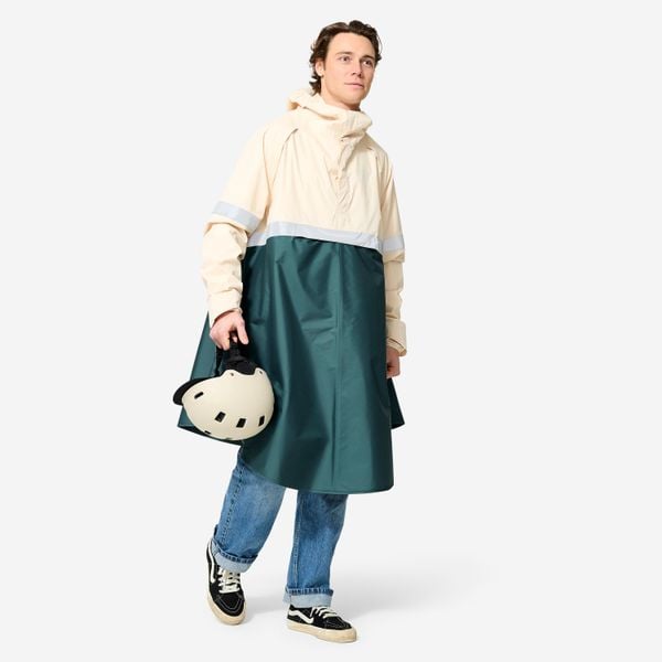 Ponczo na rower miejski Btwin 540 przeciwdeszczowe odblaskowe PPE. Brązowe kurtki przeciwdeszczowe B'TWIN, l, bez wzorów, z materiału, bez kaptura. W wyprzedaży za 139.99 zł.