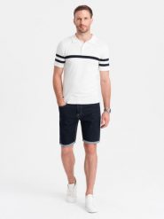 Męskie szorty jeansowe z podwiniętymi nogawkami – granatowe V1 OM-SRDS-0134 - XXL. Niebieskie szorty Ombre Clothing, l, bez wzorów, z bawełny, eleganckie. W wyprzedaży za 119.99 zł.